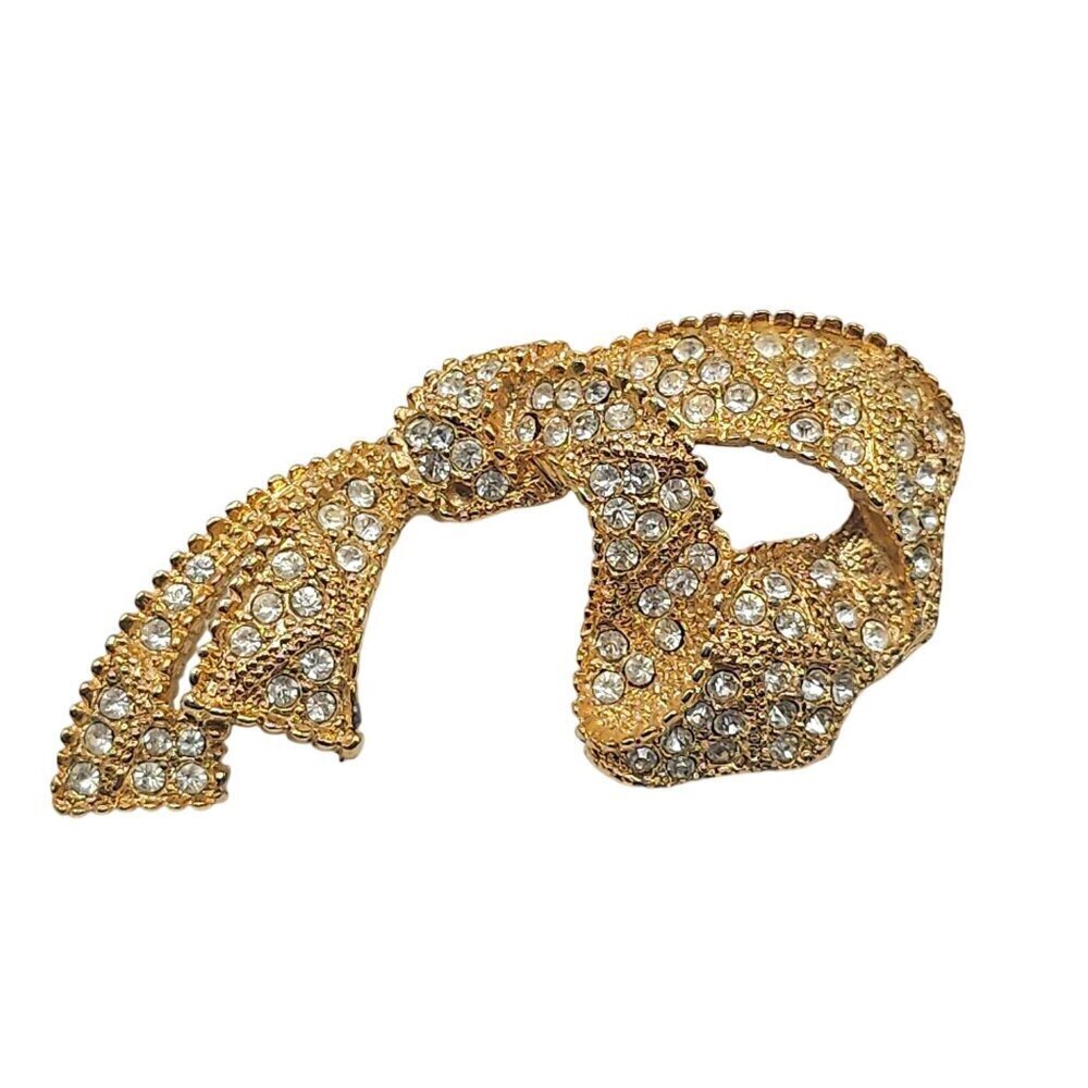 Gold Tone Textured Bow Brooch With Clear Rhinestones